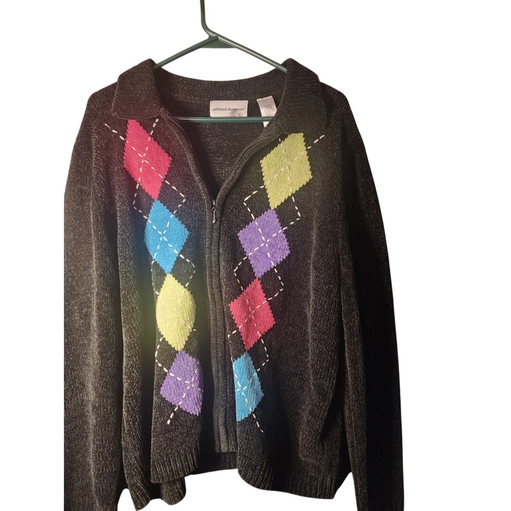 Alfred Dunner Argyle Chenille Zip Up Cardigan Sweater Grey Pink Blue Large